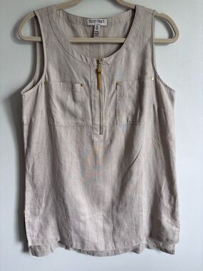Ellen Tracy Light Cream 100% Linen Zip-Front Sleeveless tank M
